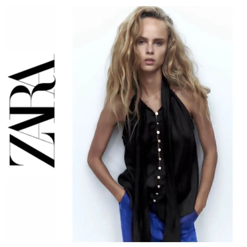 NWT Zara Bow Linen Sleeveless Top in Black, Size Medium